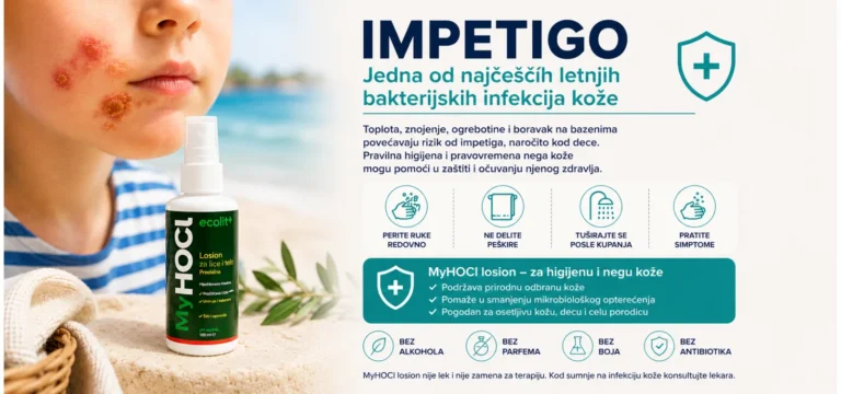 Impetigo kod dece – edukativna ilustracija o bakterijskoj infekciji kože i pravilnoj higijeni uz MyHOCl losion