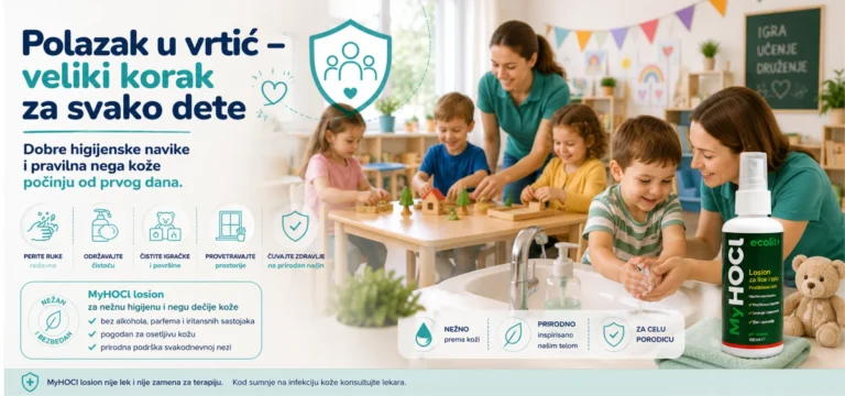 Dete u vrtiću tokom igre uz edukativni prikaz značaja higijene i nege kože.